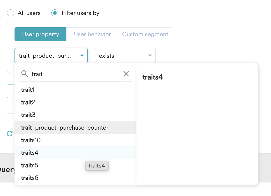 Screenshot of User property filter in MoEngage UI