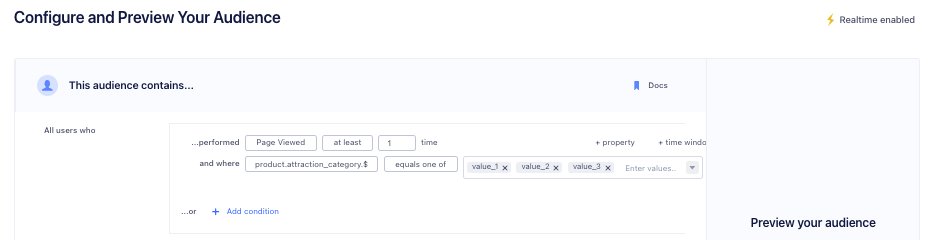 A screenshot of the Audience builder with an equals one of condition present.